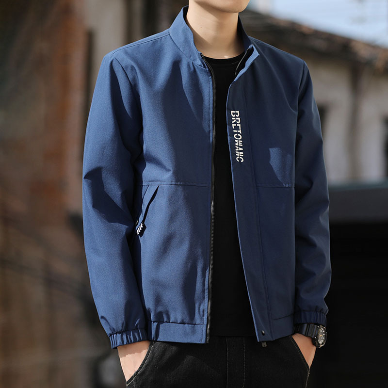 Chaqueta deportiva informal delgada para hombre, estilo coreano, cuello alto, color negro, primavera, ajustada, moderna, bordada