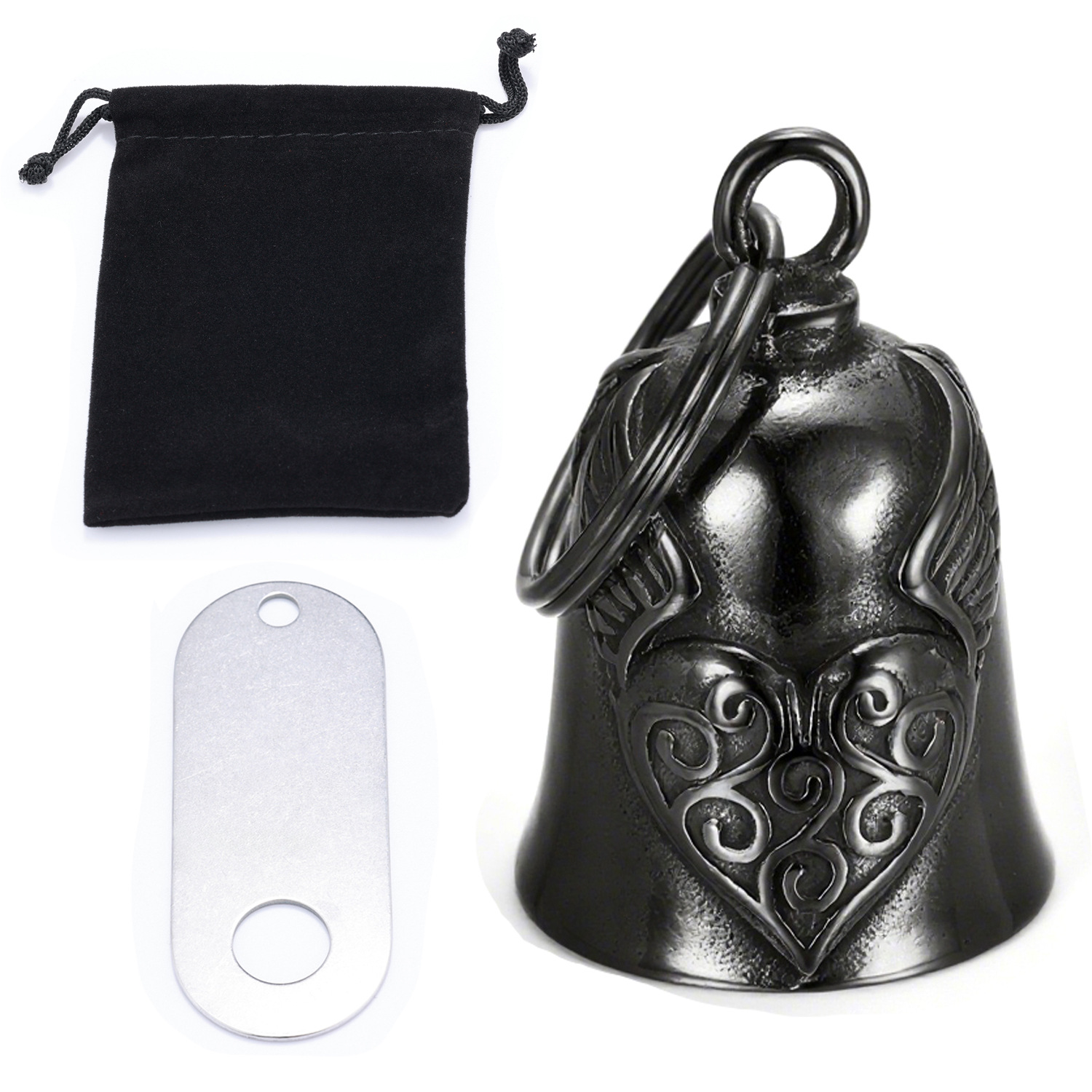 Moto de personalidad europea y americana transfronteriza, santo patrón de la conducción, material de acero inoxidable, alas de amor, campana, negro retro