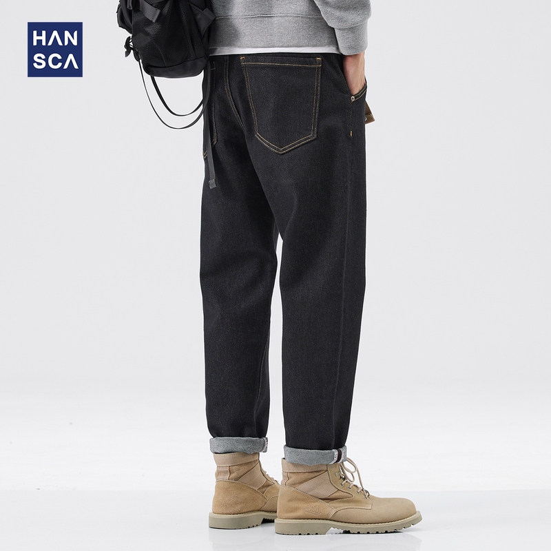 Hansca Black Denim Pants for Men, Fleece-Lined, 2025 Autumn and Winter Style, Straight-Leg, Loose-Fitting, Paired with Martin Boots