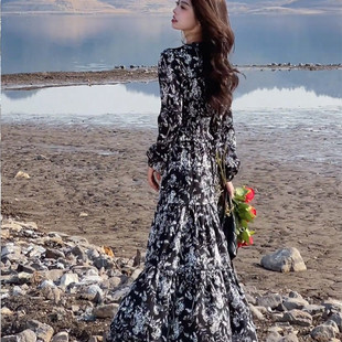 2771 Spring plus size Women's High-grade Warm and Soft Style Elegant Slimming Waist dress chubby girl Floral Dress Long Dress