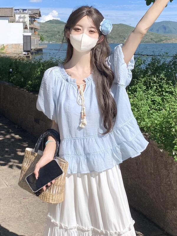 Blue Short-Sleeved Round-Neck Top for Women, Summer French Dopamine Bright Style Doll Shirt with Puff Sleeves T-Shirt