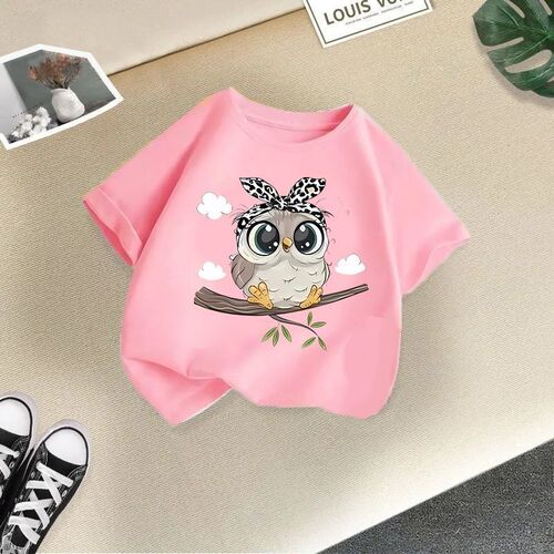 Cartoon owl boy girl short sleeve T-shirt summer new baby half sleeve pure cotton top kids half sleeve children