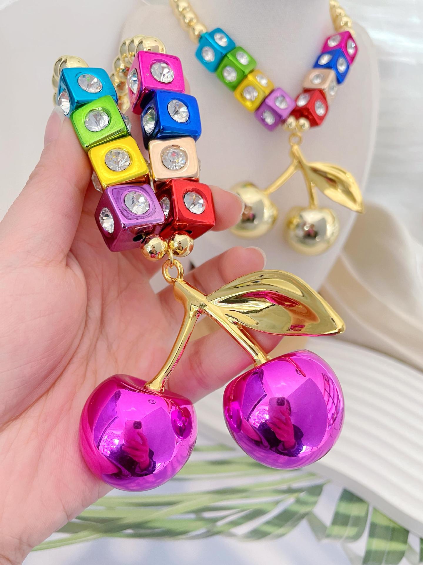 Alloy Chain Material Beaded Chain Chain Type Exaggerated Vacation Cherry Alloy Beaded Chain Beaded Necklaces Wholesale