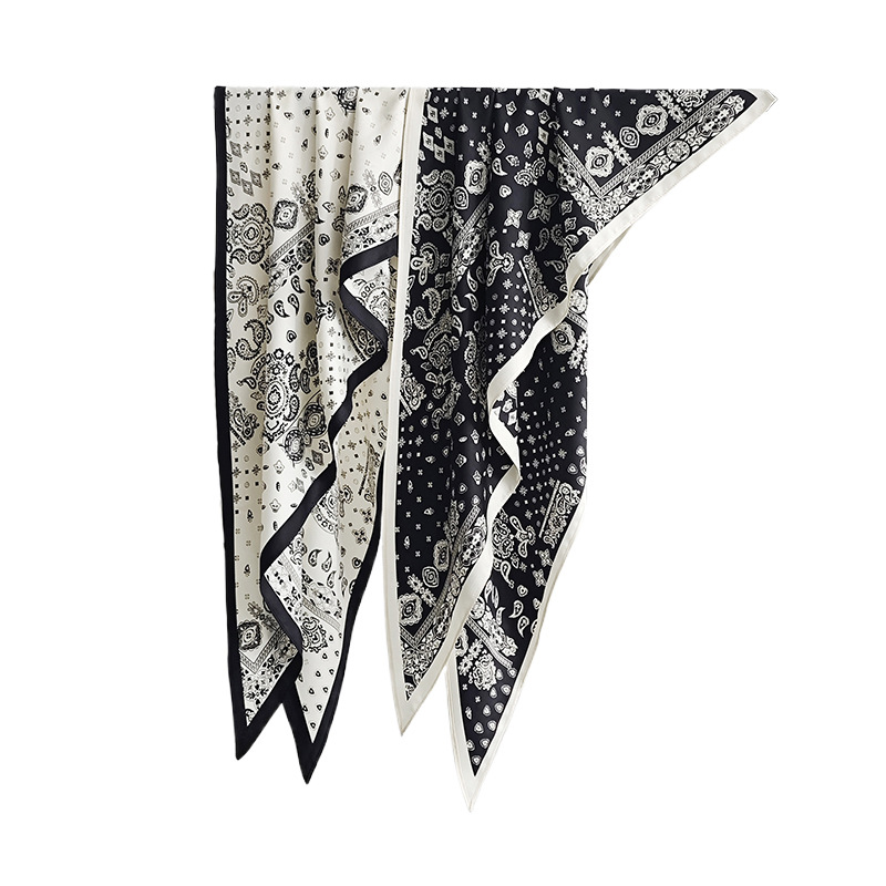 Pañuelo francés, sarga de seda de imitación, bufanda en ángulo de seda fresca, bufanda de seda con flores de anacardo, bufanda de seda triangular femenina, chal retro