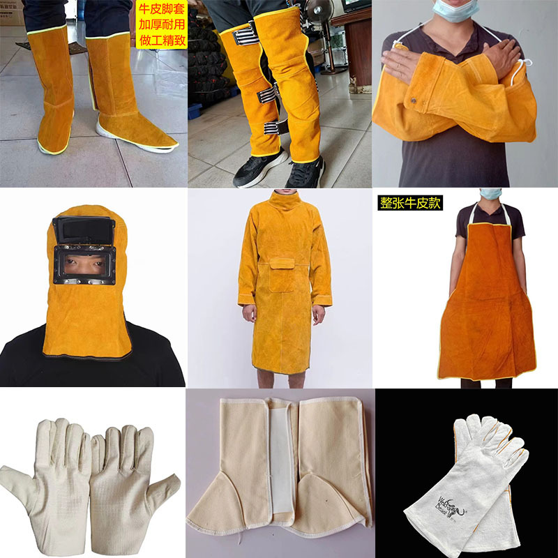 Ropa de protección de soldador, protector de piernas de piel, cubierta de pie, gorra, gafas, sombrero, denim, delantal de lona de algodón, guantes de soldadura