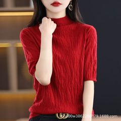 女中袖短款树坑气质士修身新款五分袖打底秋冬纹2025针织衫上衣女