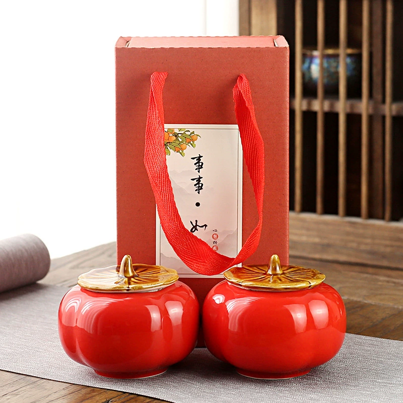 Ceramic Sugar Jar (Persimmon Ruyi) Persimmon Shape, Glazed Gift Box Options, 10×13.8 cm