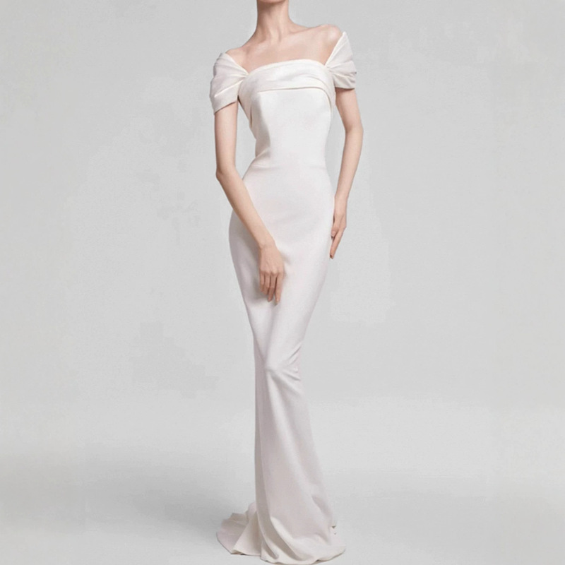 New Style Light Luxury Elegant Evening Dress for Women, Off-Shoulder Long Crepe Straight Simple and Elegant Light Wedding Dress New Style Light Luxury Elegant Evening Dress for Women, Off-Shoulder Long Crepe Straight Simple and Elegant Light Wedding Dress