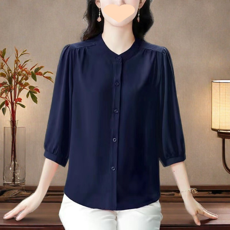 Summer Stand Collar Stylish Slimming Top Solid Color Korean Version Plus Size Mother's Dress Women's Shirt Stomach Cover