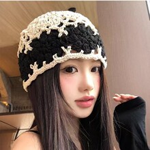 拼色手工钩织镂空包头帽女生春季透气复古时尚显脸小套头帽子