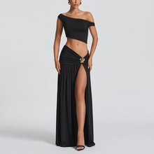 2025新款亚马逊欧美风女装性感斜肩露脐T恤背心修身侧开叉裙套装