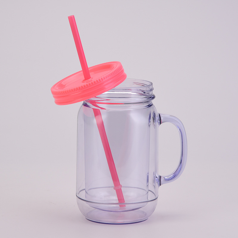 Européen Et Américain Solide Couleur En Plastique Coctail Verre Avec Poignée En Gros Double Couche En Plastique Mason Bouteille Par Jour Tumbler Avec De La Paille display picture 11