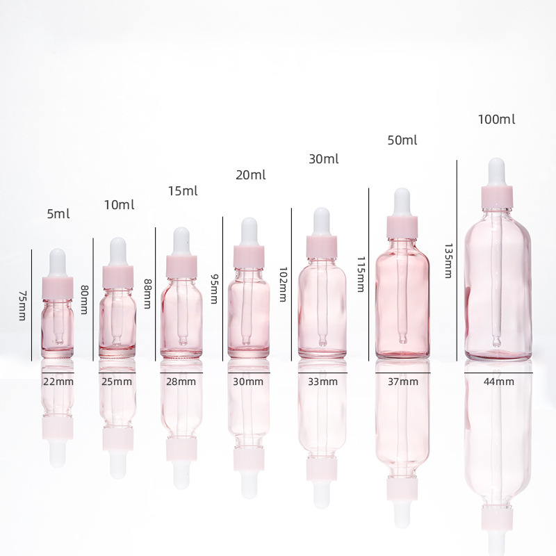 Botella de aceite esencial de color rosa transparente Esencia de líquido sub-botella gotero de vidrio Aceite de Masaje puro Rocío líquido sub-envasado de vidrio botella vacía