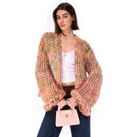 现货 秋冬跨境欧美外贸新款纯手工编织撞色针织毛衣外套sweater女
