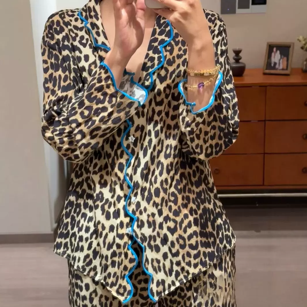 新款撞色波浪边豹纹长袖长裤睡衣套装家居服可外穿女5210-5211