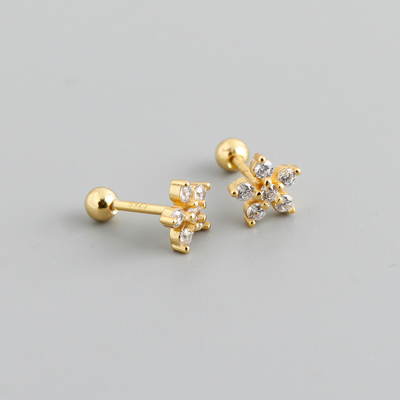 Simple Style Flower Sterling Silver Inlay Zircon Ear Studs 1 Pair