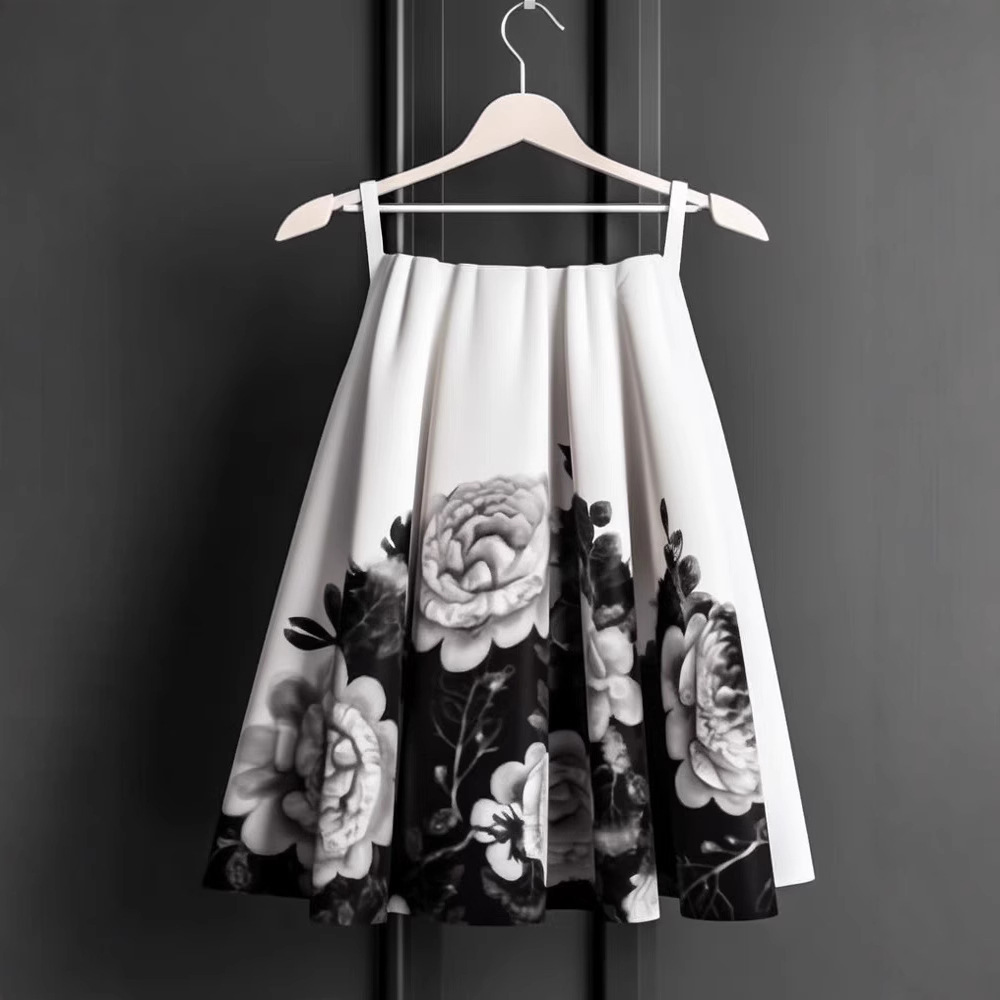 新款洋气玫瑰印花水墨画印花半身裙新中式国风元素小个子蓬蓬裙子