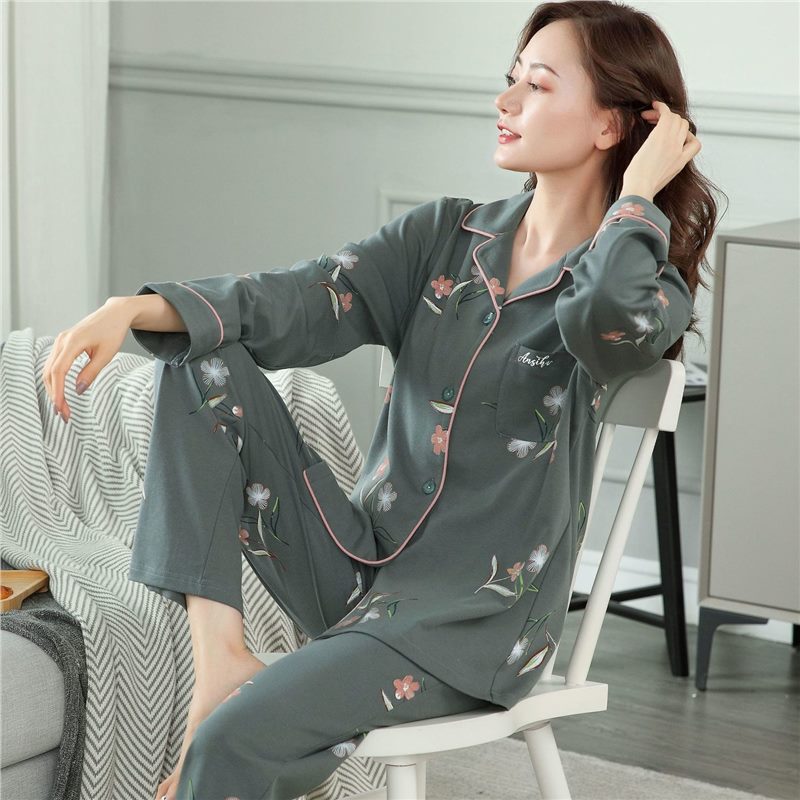 Pijama de algodón femenino primavera y otoño 2024 nuevo pantalón de manga larga para vestir en el exterior grande conjunto de ropa doméstica de mujer