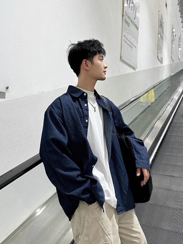 蓝色牛仔衬衫长袖男生2025秋季设计感百搭纯色外套休闲上衣衬衣|undefined