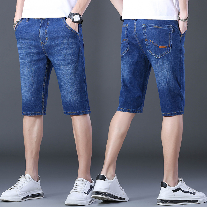 夏の薄いタイプの7分のズボンの男性のまっすぐな筒の紳士服のデニムのショートパンツの弾力性は夏の青年の中でズボンを修理します。|undefined
