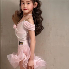 康尼舞服少儿拉丁舞可爱蓬蓬公主套装粉色无袖吊带练习服女童跳舞