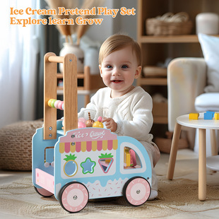 Baby Educational Hand-Pushed Wooden Ice Cream Walker Multi-Functional Early Education Educational Toy Toddler Learning Scooter