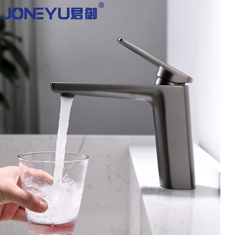 All-Copper Household Basin Hot and Cold Faucet Gun Gray Heightened Faucet Washbasin Art Basin Faucet All Copper Heightening