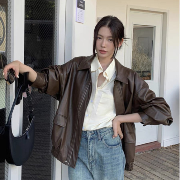 American Style Retro Brown Motorcycle Leather Jacket Women's Spring and Autumn Lapel New Korean Style Casual Leather Jacket Trendy Top