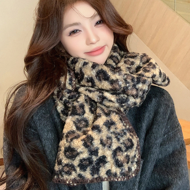 New Wool Roll Leopard Print Scarf Women's Winter Korean Style All-match Scarf High-grade Imitation Wool Thickened Warm Shawl