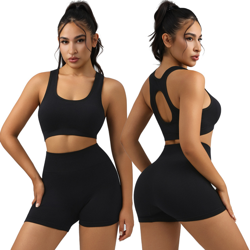 Bra apretado con cojín de pecho de rosca, yoga de cintura alta, melocotón de acondicionamiento físico, ropa deportiva de secado rápido, pantalones cortos.
