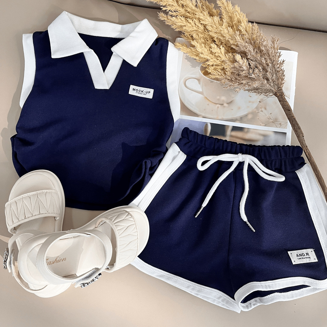 Girls sleeveless POLO fashionable fashionable shorts two-piece set for girls college style suit fashionable two-piece set