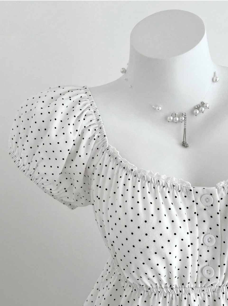 Women's Summer Elegant French Style Waist Cinching Short Sleeve Square Neck Polka Dot Shirt_ecoleips.com