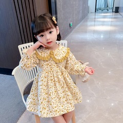 2024 New Girls' Dresses, Fashionable Spring and Autumn Clothes for Toddlers, Small Fresh Floral Skirts, Baby Lace Collar Princess Skirts