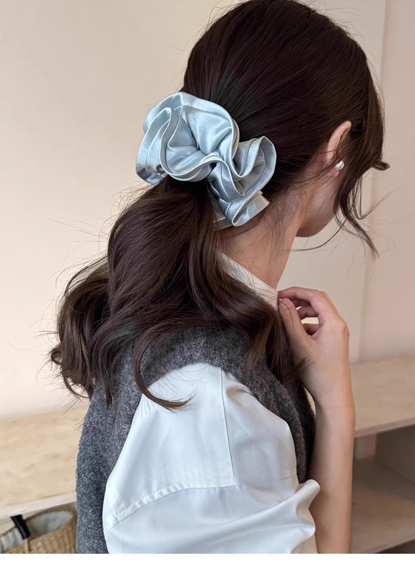 Korean Style Cyber Celebrity Pearlescent Satin Ruffled Large Intestine Hair Ring High-grade Tie Rope Women's Elegant Horseshoe Hair Rope Tie Head Flower
