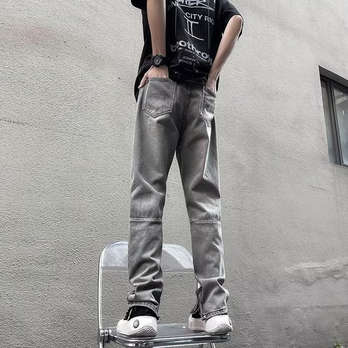 American vibe street cool, holey, slightly spicy, cat claw denim jeans for men, zipper cuffs, straight-leg long pants, trendy