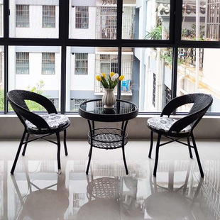 Balcony Small Table and Chair Rattan Chair Three-Piece Set Outdoor Leisure Tea Table and Chair Combination Courtyard Terrace Imitation Rattan Chair Coffee Table