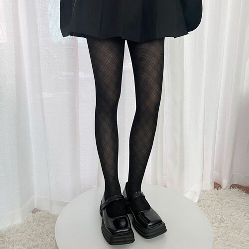 Japanese black diamond plaid stockings ins jacquard pantyhose black stockings jk sexy hot girl dark thin internet celebrity stockings