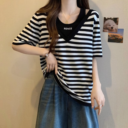 Summer women's clothing extra-large size 300kg fat mm design stripe short-sleeved T-shirt women's trend