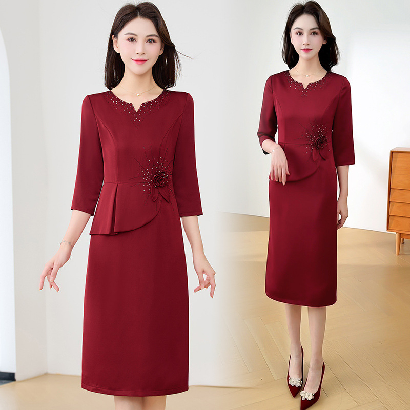 结婚礼服妈妈气质长袖连衣裙假两件遮肚喜婆婆高贵优雅婚宴礼服女|undefined