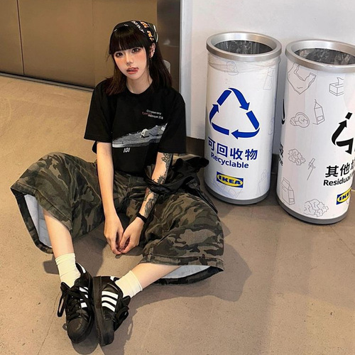 Vintage American Camouflage Wide-Leg Work Pants for Women - Spring and Autumn High-Waisted Loose Straight Leg Casual Seven-Sixth Pants