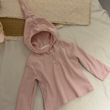 INS款婴幼童条纹连帽长袖上衣女童甜美门襟打底衫