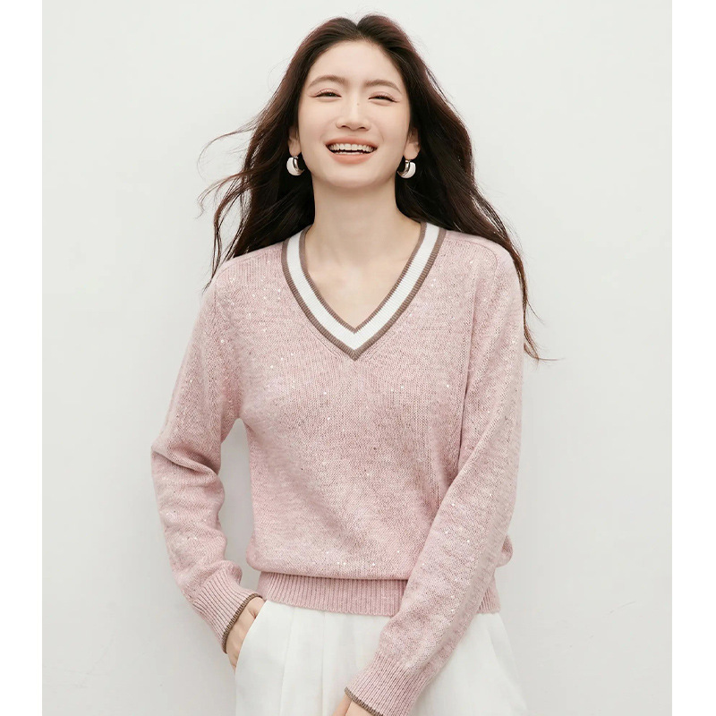 Mixed-color cherry blossom crystal pink V-neck long-sleeve knit top for women, 2026 autumn new style, heavy-duty sequined, loose-fitting, slimming top