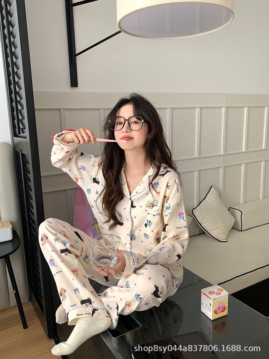 Dolce niña encantadora caricatura perro impresión pijama mujer primavera y otoño nuevo suelto pantalones largos de mangas largas set de ropa para el hogar