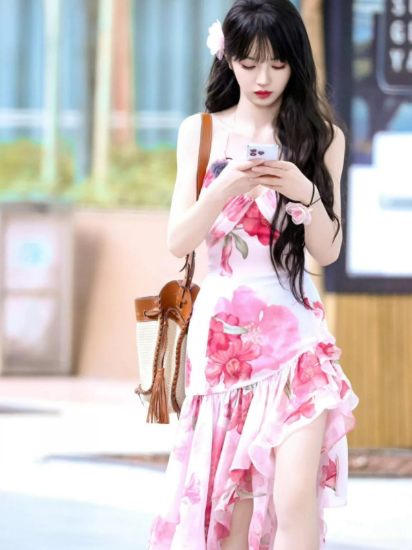 Tian Xiwei の同じスタイルの不規則なプリントのホルターネックドレス、女性用、夏のウエストデザイン、海辺での休暇のサスペンダーロングドレス|undefined