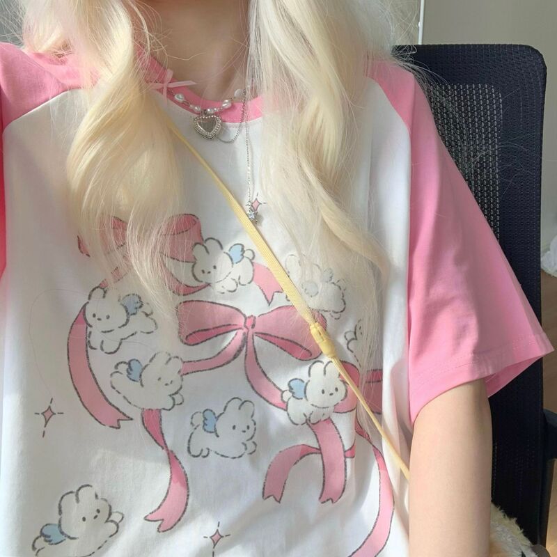 Japanese Subculture Y2K Sweet Girl Bow Rabbit Print Pink Raglan Sleeve T-Shirt Regular Slimming Cute Top