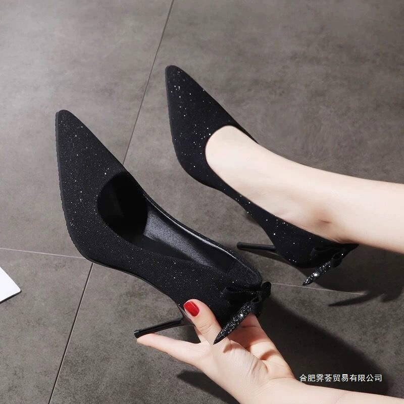2026 Spring and Summer New Style High-Heeled Shoes for Women, Full-Covered Stiletto Heels, Pointed Toe, Sequined Bow, Bridal Wedding Shoes, Single Shoes