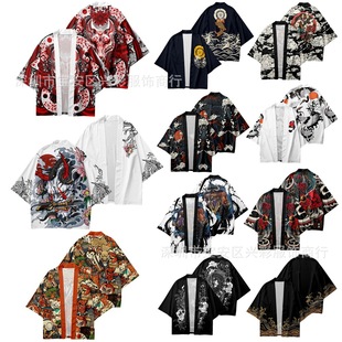 Cross-border hot selling Japanese style ukiyo-e series element cloak kimono robe all-match cardigan 3/4 sleeve shirt wholesale