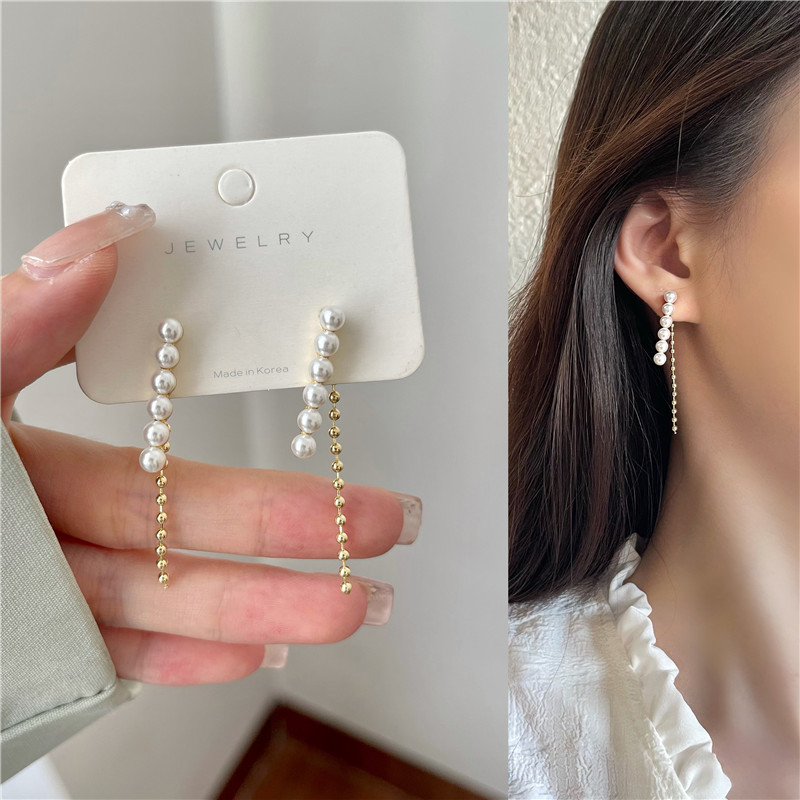 Korean Simple Pearl Tassel Earrings Wholesale Nihaojewelry display picture 4