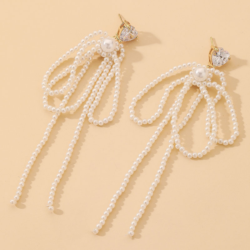 Fashion Crystal Pearl Bow Tassel Earrings Wholesale Nihaojewelry display picture 5
