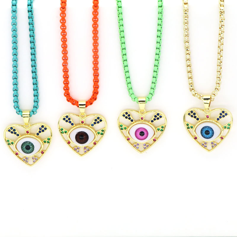 Beaded, Inlay Design Copper 18K Gold Plated Beaded Inlay Devil's Eye Heart Shape Resin Zircon Pendant Necklace